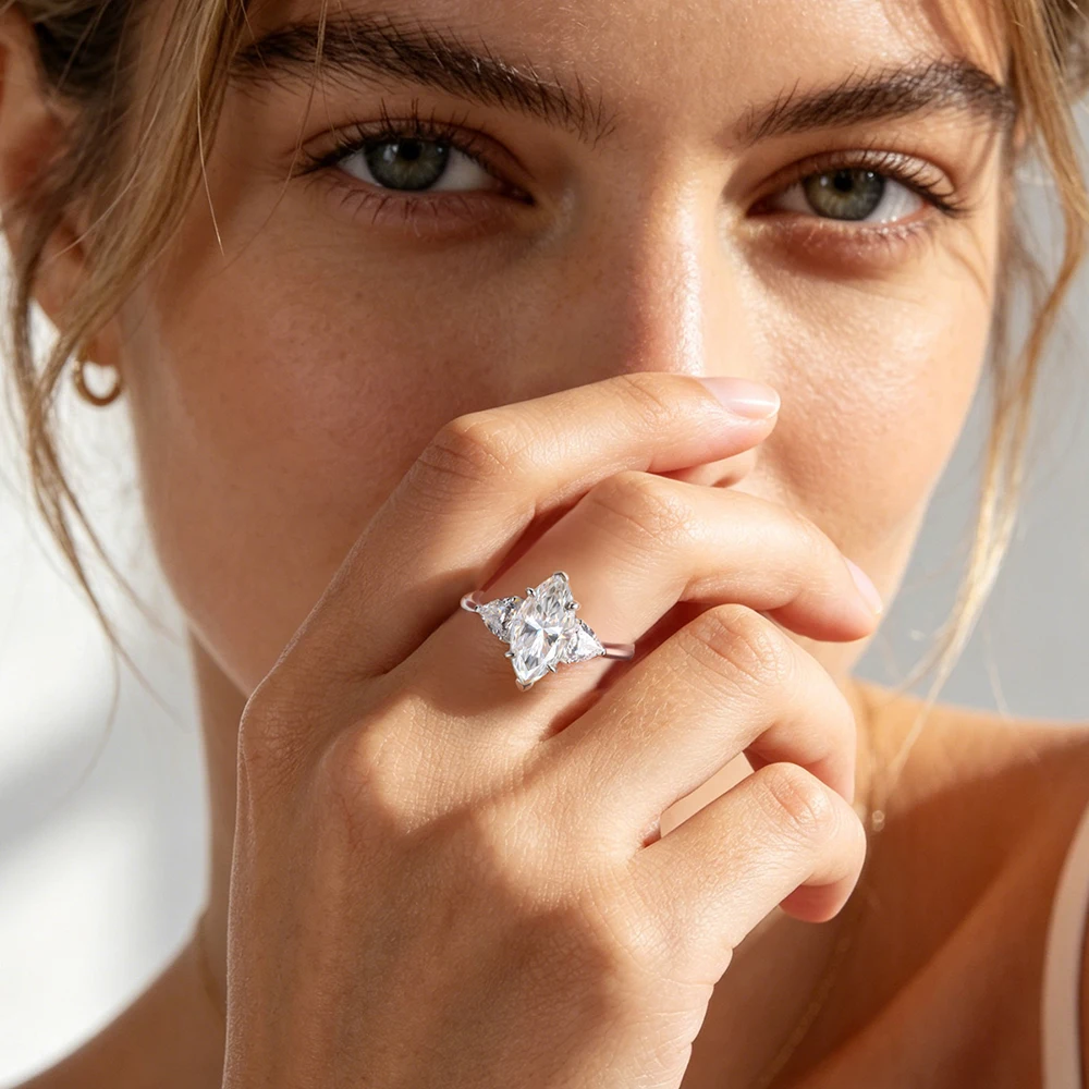 3-Stone Moissanite Engagement Rings with GRA 925 Sterling Silver 3carat Marquise&Triangle Cut Diamond Wedding Band for Women