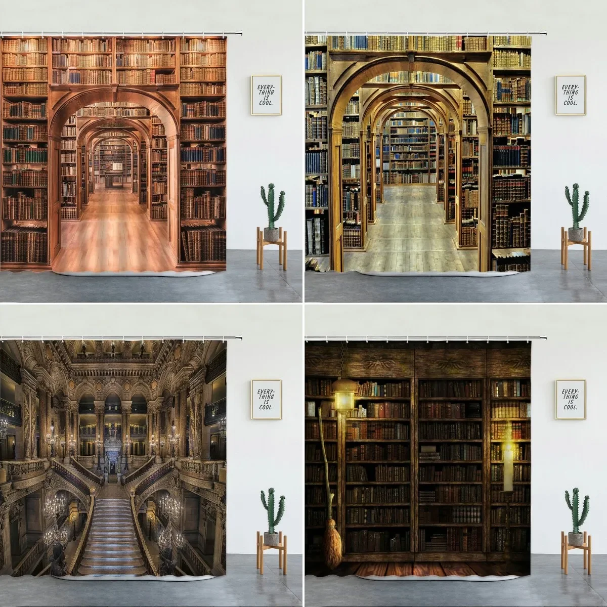 Retro Style Library Bookshelf Bookstore Print Shower Curtain Set Wall Hanging Background Tapestry Bathroom Decor Bathtub Screen