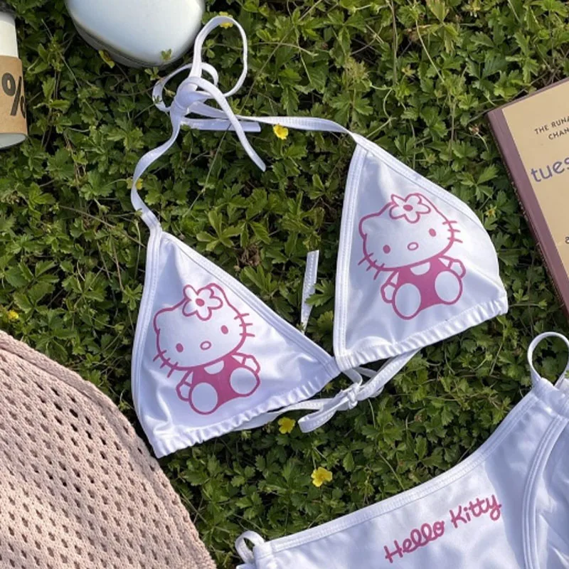 

Sanrios Hello Kittys Bikini Y2K женский купальник сексуальный бикини с лямкой на шее с разрезом купальник с высокой талией на шнуровке пляжный купальный костюм женщина