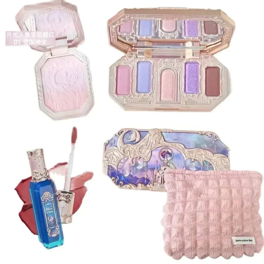 Conjunto de maquiagem com bolsa, paleta de sombra, flor, sabe, luar, sereia, fosco, blush, lipgloss, kit