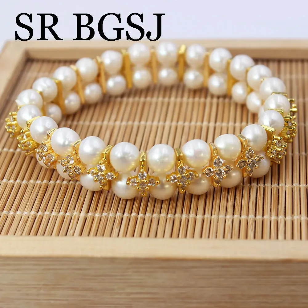 7-8 بوصة 2-صف 7-8 مللي متر جولة اديسون المياه العذبة الطبيعية حبات اللؤلؤ الأبيض قابل للتعديل النساء مجوهرات سوار مرن