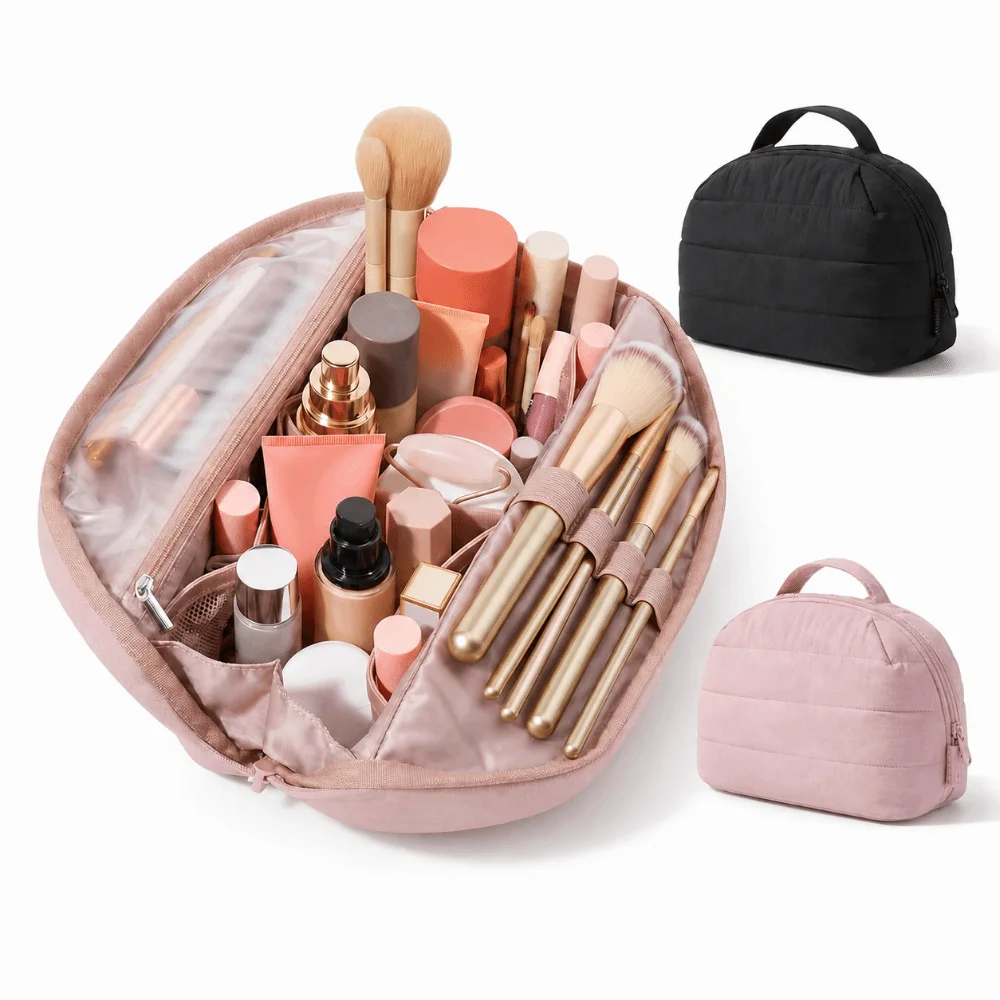 Foldable Travel Makeup Bag Adjustable Dividers Multi-Compartment Makeup Organizer Zipper Closure Portable Toiletry Pouch Outdoor