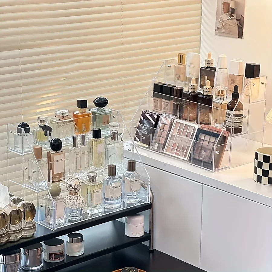Perfume storage rack desktop vanity skincare cosmetics organizer box transparent three-tier tiered display stand