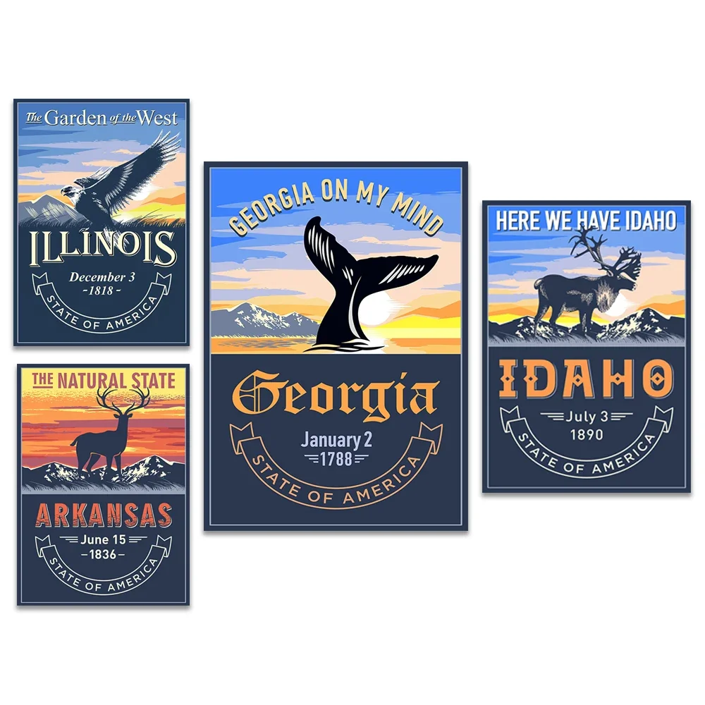 

United States Illinois State Poster, Idaho,Hawaii,Georgia,Colorado,Retro Travel State Poster