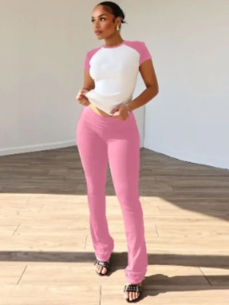 

GUWU Casual Fitness Yoga Women's Set Patchwork Short Sleeve T-shirt and Flare Pants Sporty Two 2 Piece Sets Outfit Tracksuits