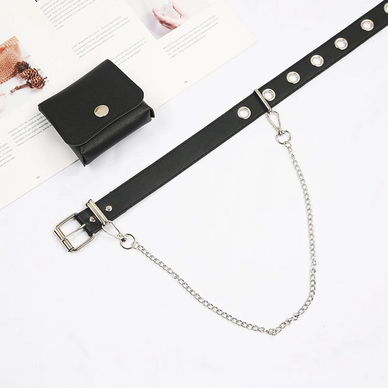 Fashion Retro Punk Style Single breasted Eye Hanging Chain Women's Metal Leather Black Chain Bag Personalized Belt