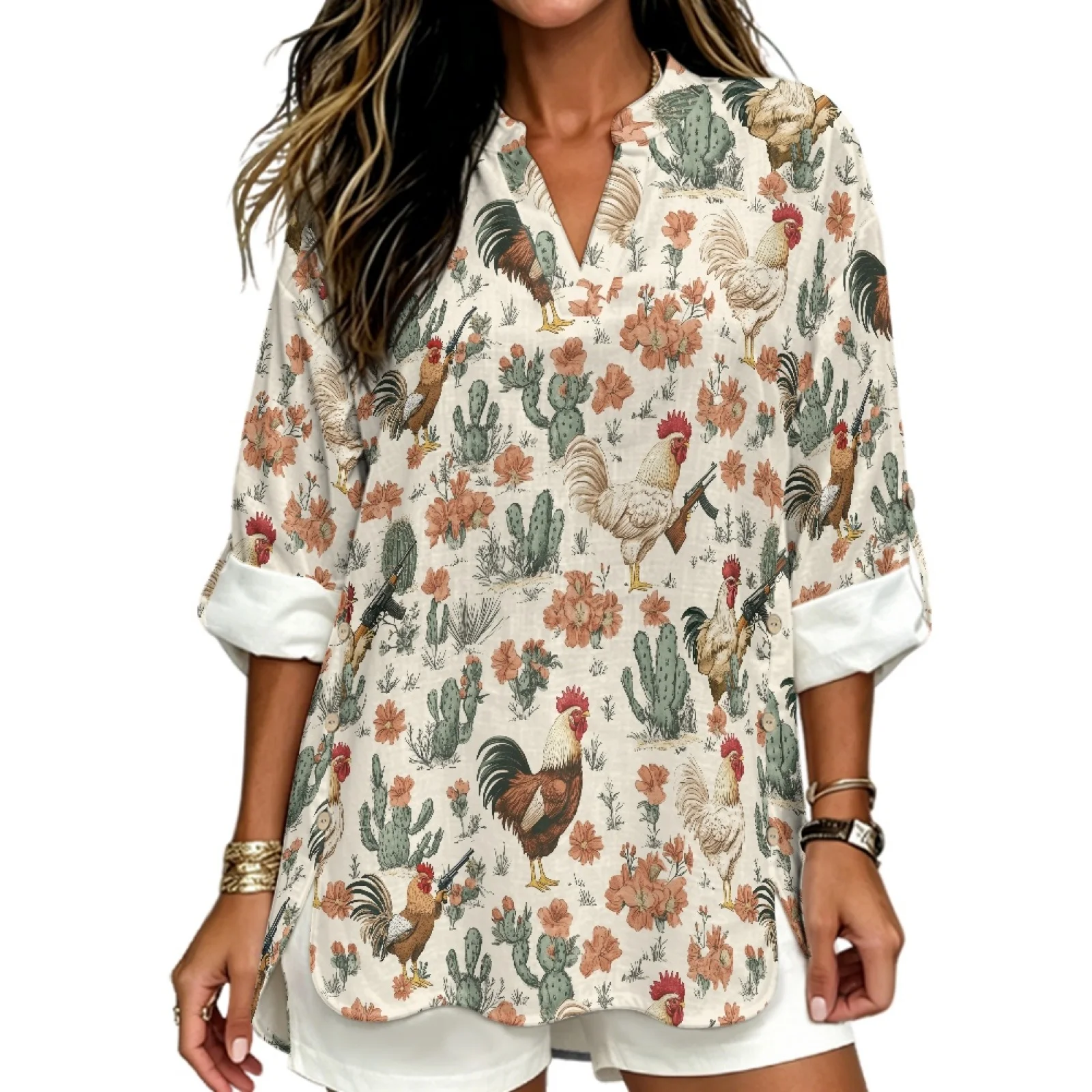 PENSTROLL USA Rooster Linen Like Blouse Relaxed Fit Tunic Blouses for Fall Sizes S-5XL