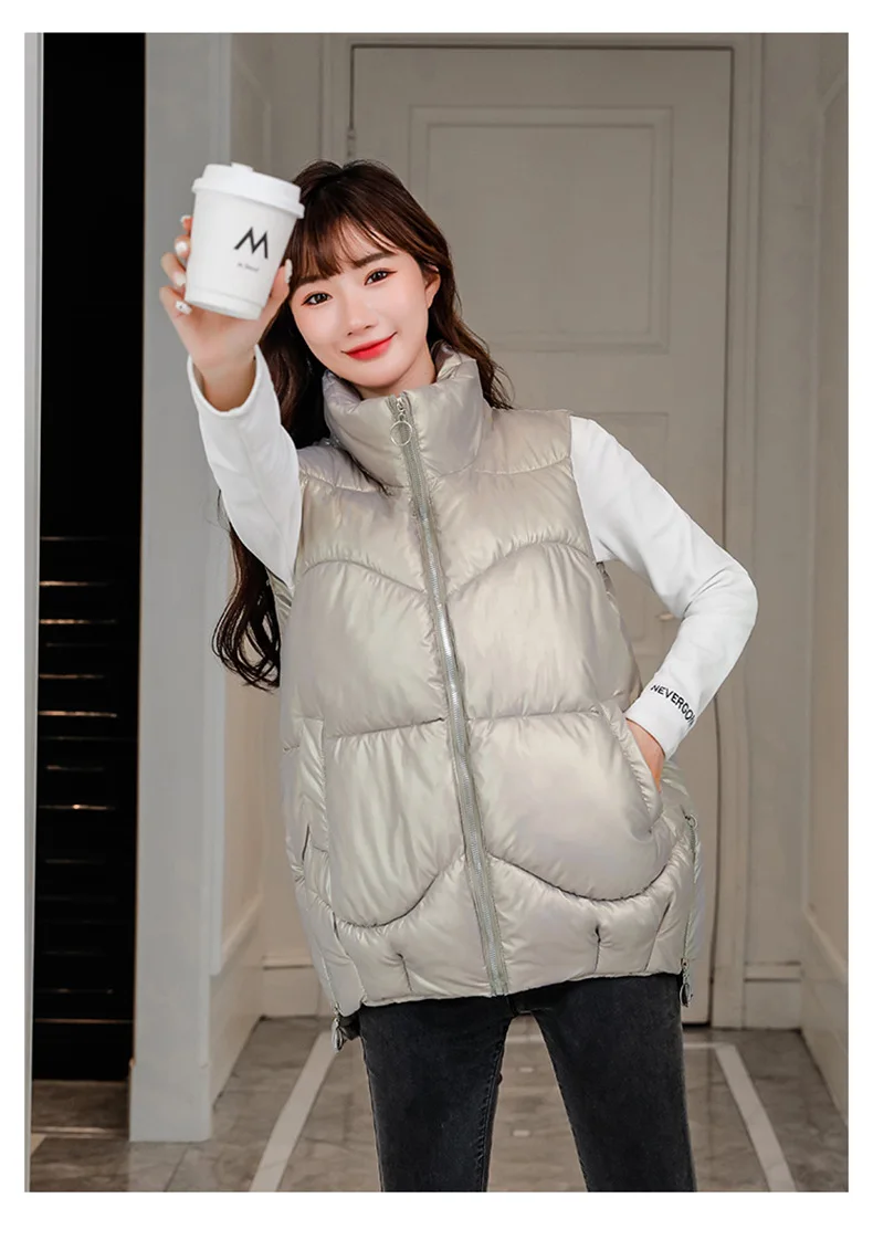 

Sleeveless Loose Jacket Puffer Vest Autumn Winter Women Stand-Up Collar Down Cotton Coat Overcoat Quilted Padded Warm Thick Vest