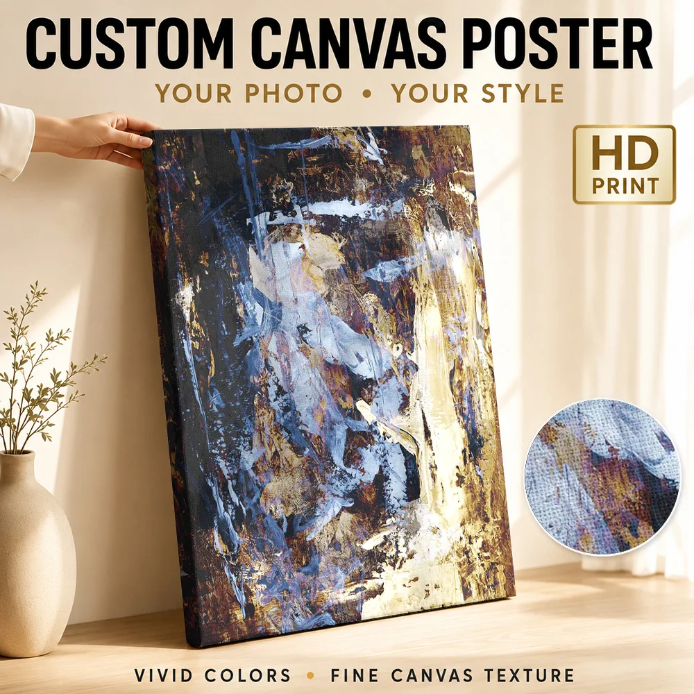 Blue And Gold Expressive Brushwork Canvas Print Customized Photo Abstract Wall Art For Loft Living Room, Interior Stylist Gift