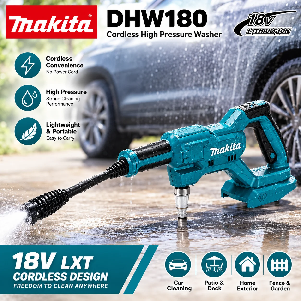 Original Makita DHW180 Kabelloser Auto-Hochdruckreiniger 18V Tragbarer Hochdruckreiniger Hochdruck-Wasserspritzpistole für Auto, Fahrrad, Motorrad, Garten- und Terrassenreinigung Kompatibel mit Makita