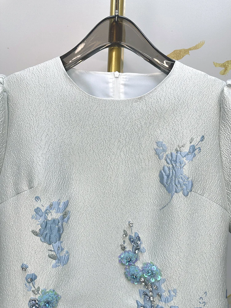 Luxury Heavy Jacquard Fabrics Women Short Sleeve Dress High Quality Sequins Beads Diamonds O-neck Elegant Slim A-line Lady Dress