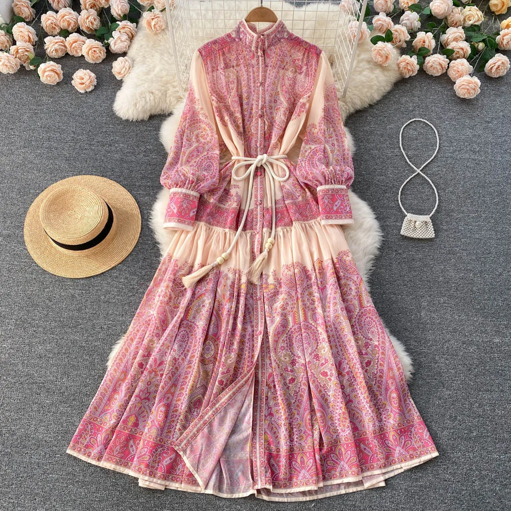 Autumn Holiday Red Pink Maxi Dress Women Clothing Turleneck Long Lantern Sleeve Flower Retro Print Belted Chiffon Loose Vestidos