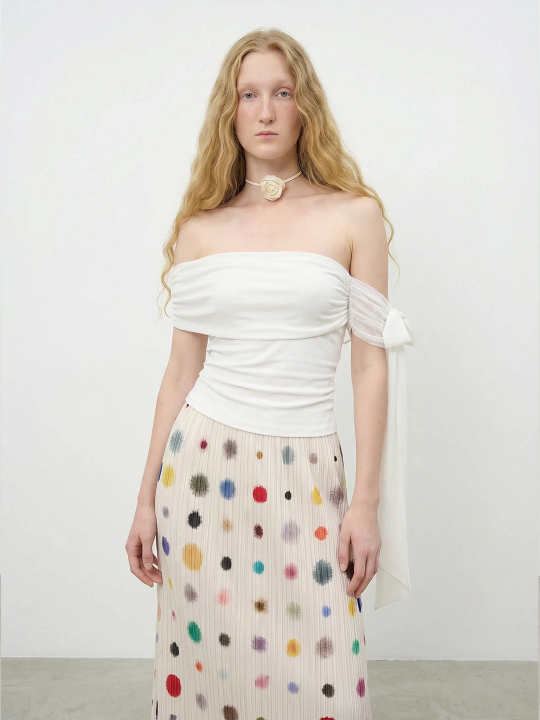 

LANVIVIER Gentle Dance Pure White Faultless Moonlight Sand Drifting Sash Tie Shoulder Bared Dual Tone Tube Top Women's Fashion