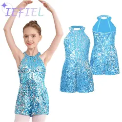 Children Ballet Jazz Dancing Sleeveless Short Gymnastics Unitard One-Piece Dance Romper Allover Sequin Jumpsuit Pageant Party