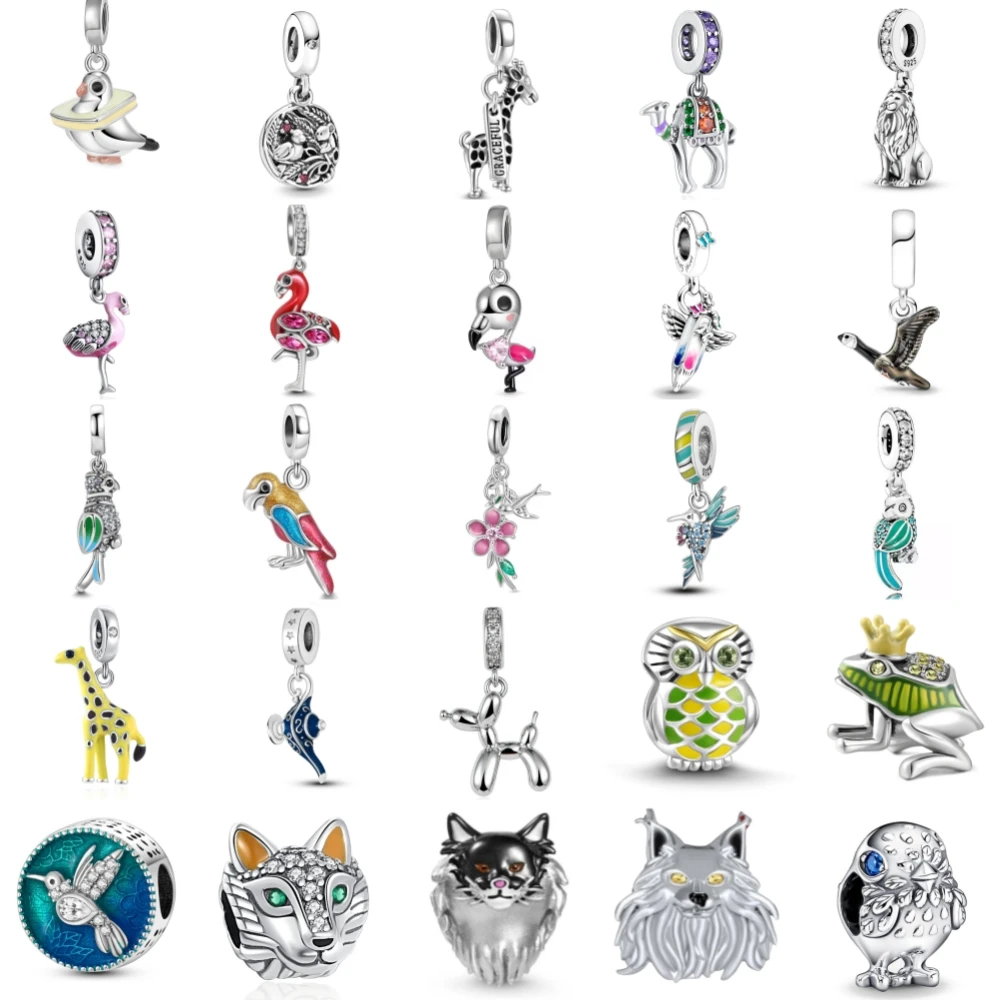 

New 925 Sterling Silver Flamingo Bird Giraffe Charm of ley 925 Chain Beaded Fit Original Pendant Bracelet DIY Ladies Jewelry