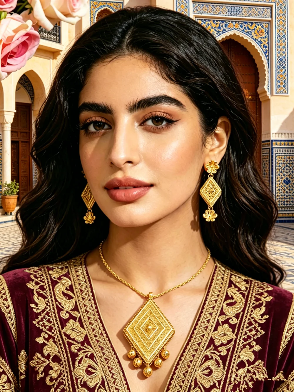 Moroccan Gold Bride Earrings Necklace Set Double Layer Diamond Hollow out 3D Flower Ball Pendants Elegant Ladies Accessory Set