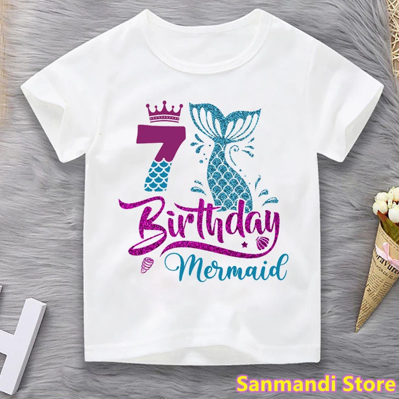 2-10th Verjaardag Mermaid Grafische Print T-shirt Voor Meisjes Kinderkleding Grappig Prinses Tshirt Kawaii Kids Kleding Tops