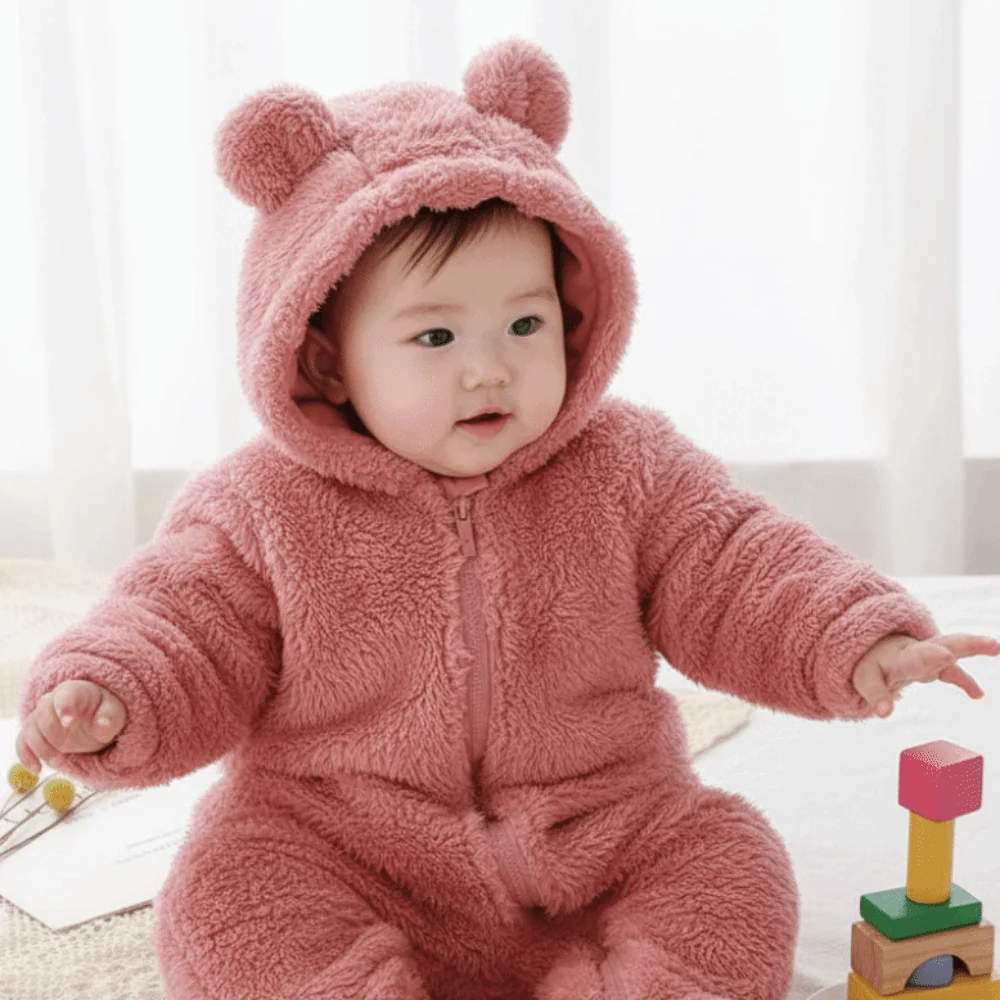 

Kawaii толстые теплые детские комбинезоны в форме медведя, коралловый флис, комбинезоны для младенцев, мягкие бархатные пижамы с капюшоном на молнии для новорожденных, одежда для новорожденных