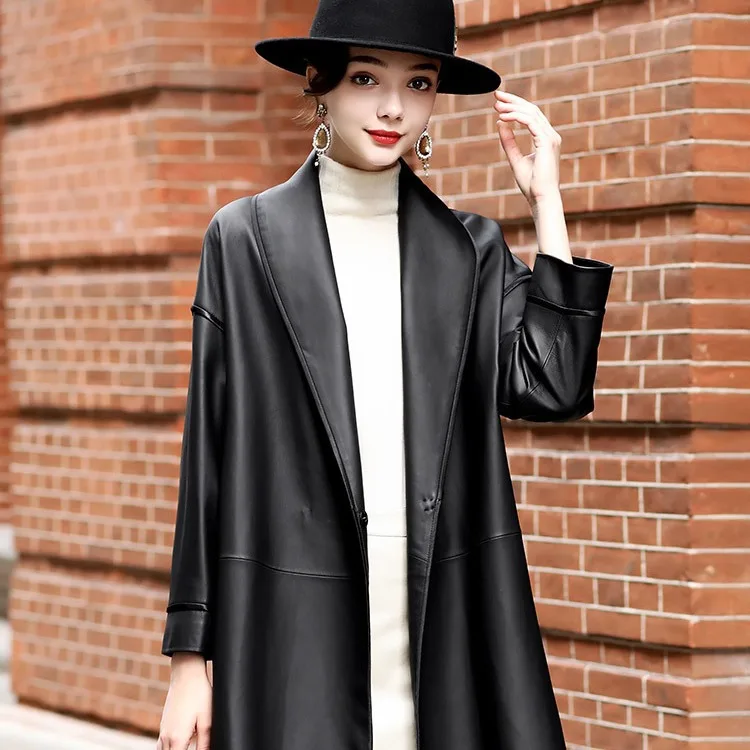 معطف نسائي من جلد الغنم الأصلي برقبة على شكل حرف V للخريف متوسط الطول ملابس خارجية عصرية متعددة الاستخدامات