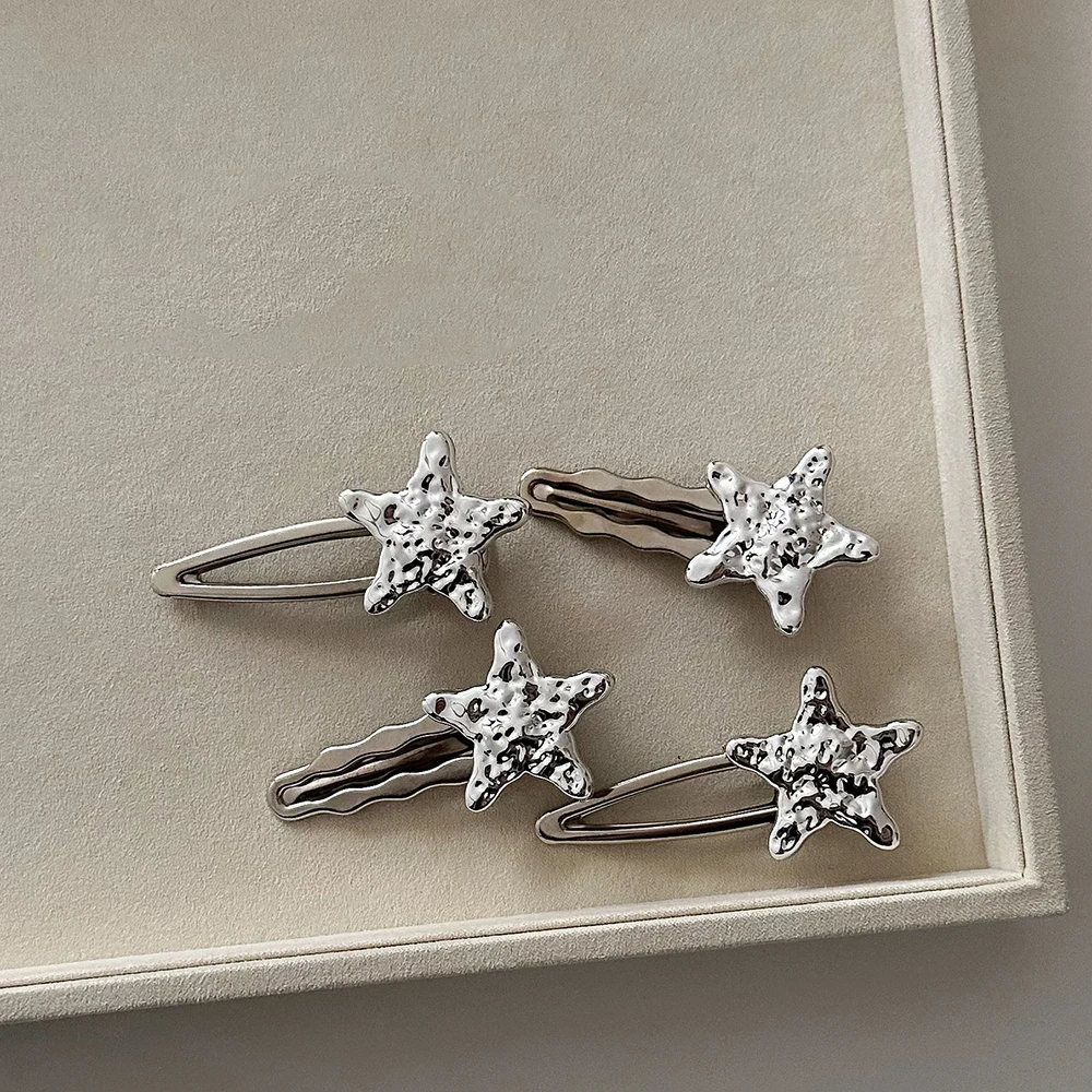 

2PCS Advanced Sense Silver Star Hairpin Japanese & Korean Elegant Temperament Girl Style Side Duck Beak Clips Headdress