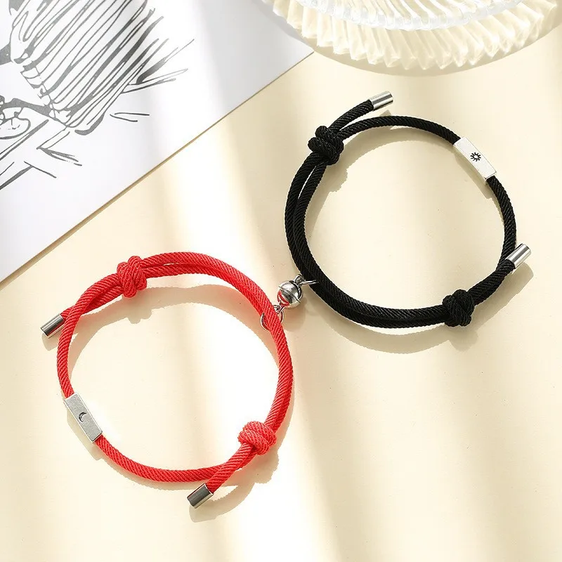 Fashion New Alloy Sun And Moon Couple Bracelets A Pair Of Magnet Phase Suction Simple Retro Girlfriends Hand Rope