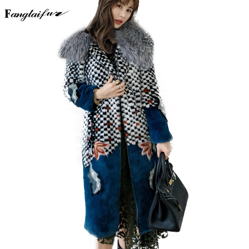 Ftangaiur Winter Import Velvet Mink Fur Coat With Fox Fur Collar Plaid Print Mink Coat Women Long Natural Real Mink Fur Coats