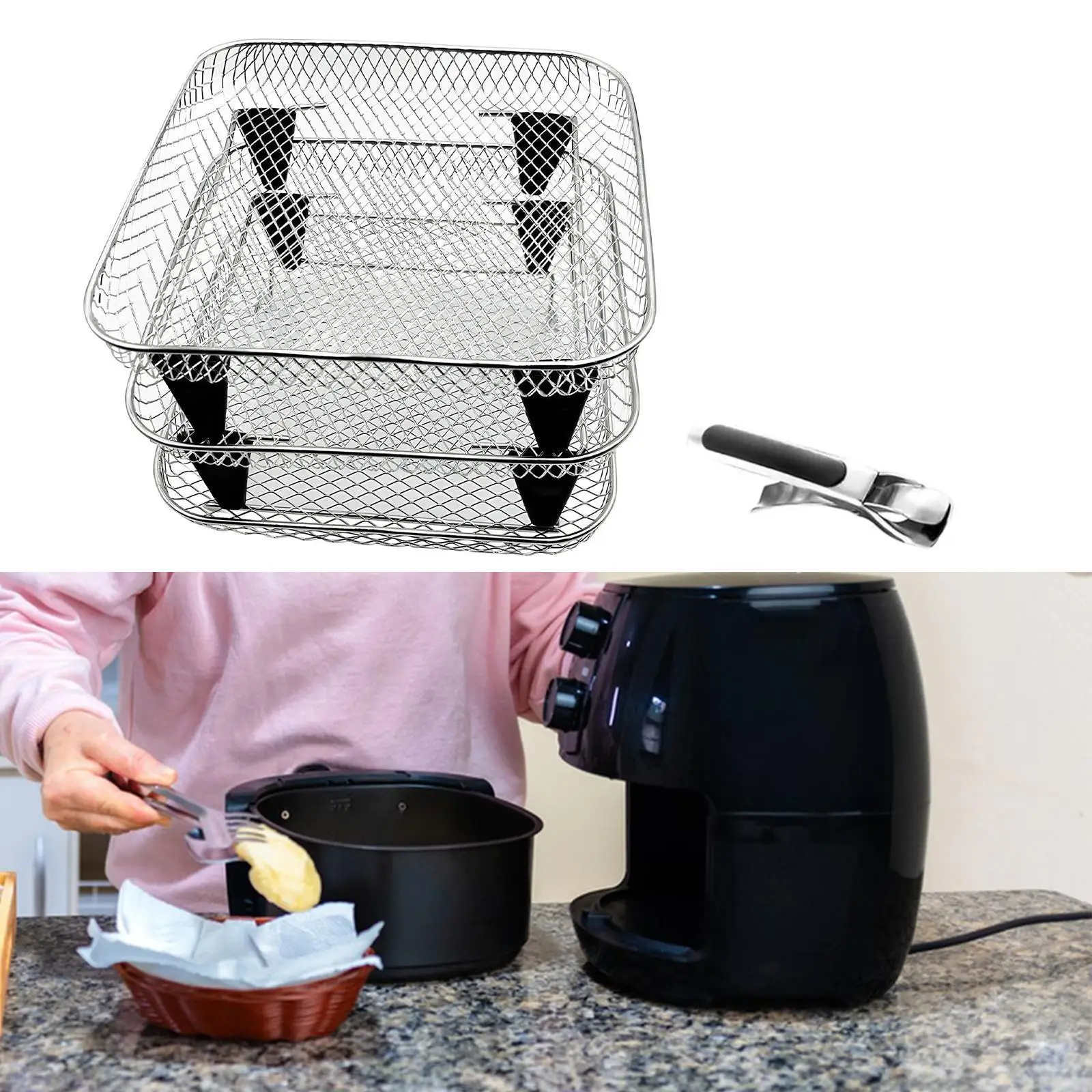 رف مقلاة هوائية مربعة محمول بثلاث طبقات للطهي في المطبخ والمطعم