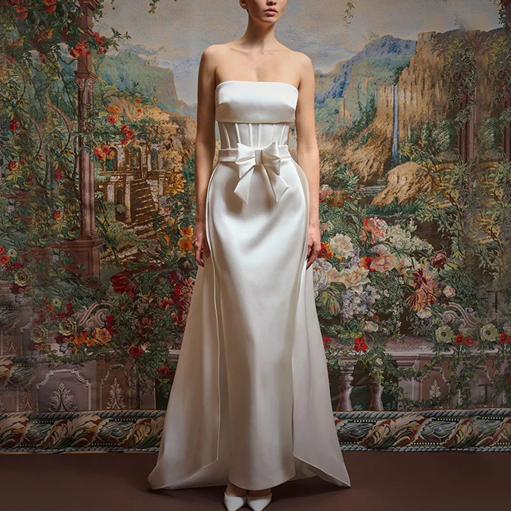 

Vintage Strapless Mermaid Bride Dress with Bow Belt Floor Length Customized Sleeveless Sweep Train Bridal Wedding Gown New