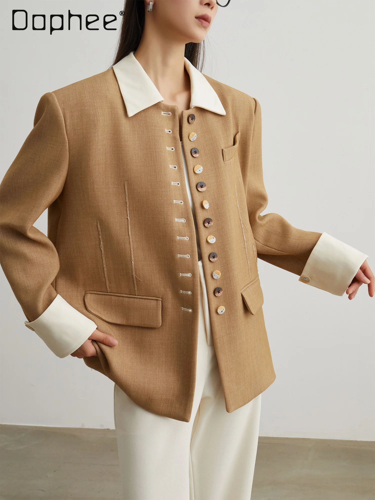 High End Blazer Women Loose Splicing POLO Collar Commuter Casual Single-breasted Jacket Fashion Temperament Long-sleeved Coat