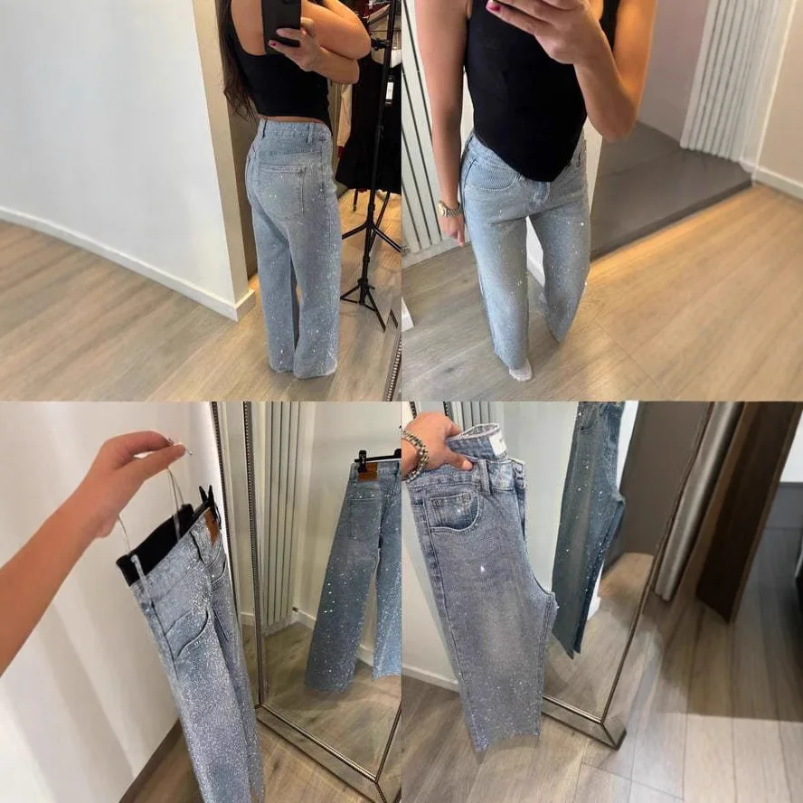 

Fashion Low-Rise Women's Jeans Sexy Denim Pants Glittering Star Design Tight Fit Micro Stretch Deep Blue Denim Fabric Folded