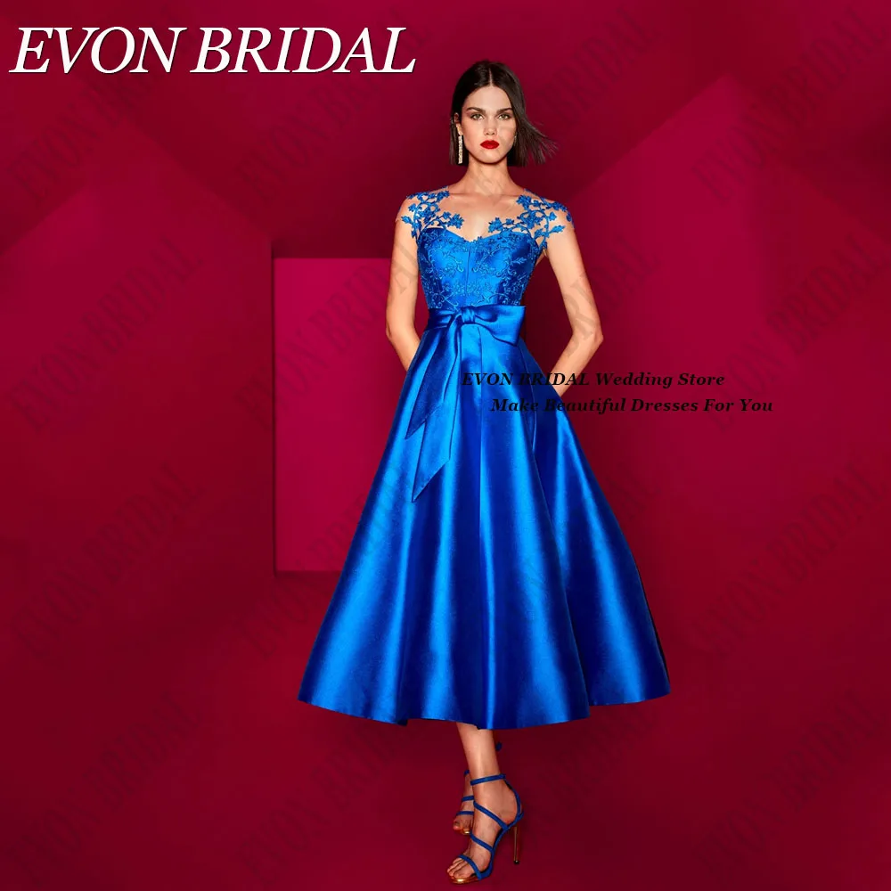 EVON BRIDAL Satin Royal Blue Celebrity Red Carpet Dresses 2024 Applique A-Line فساتين سهرة 2024 فاخرة Tea-Length Cap Sleeves