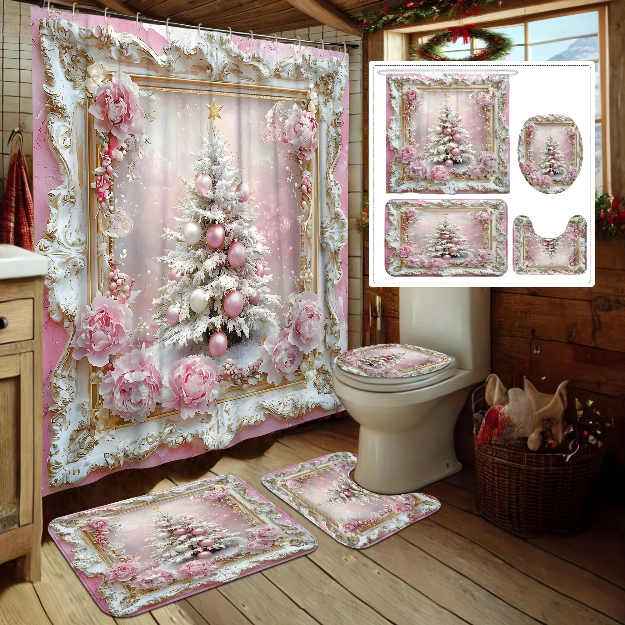 

4Pcs Pink Christmas Tree Shower Curtain Set,with Hook and U-Shaped Toilet Seat Cover, Bathroom Accessories, Christmas Decoration