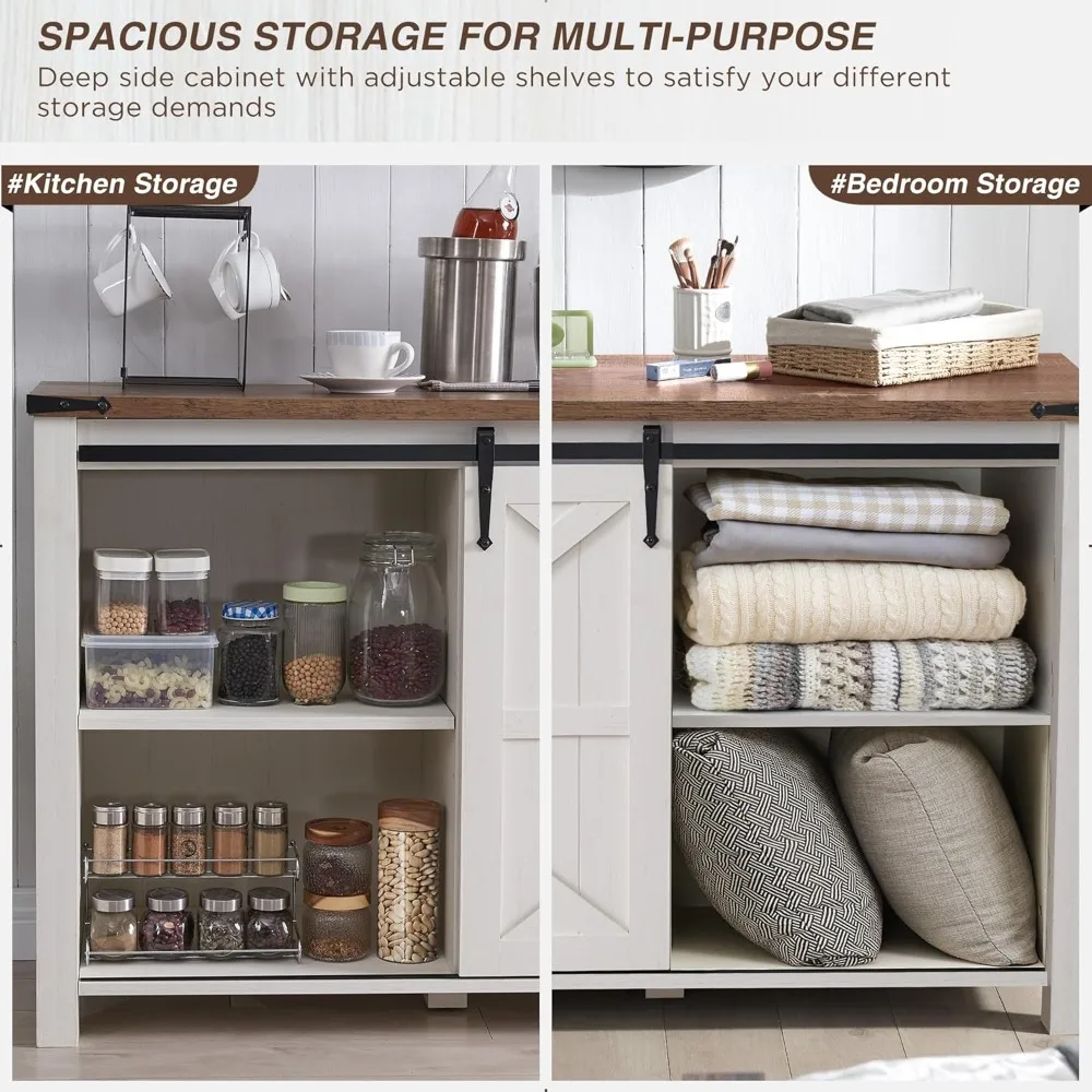 60" Farmhouse Style Kitchen Sideboard with Sliding Barn Doors and 4 Drawers, Tall Wooden Storage Cabinet