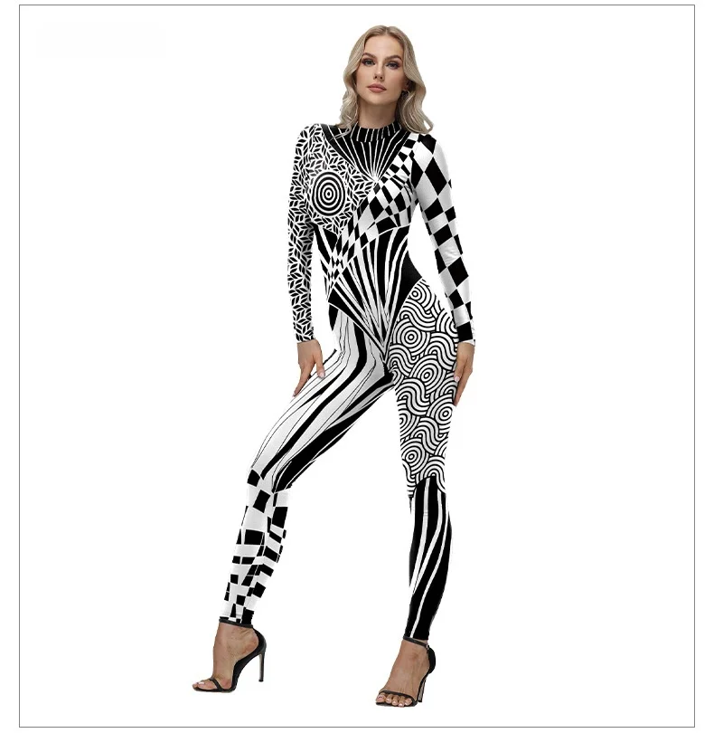 Women's Long Sleeve Skinny Bodysuit Abstract Geometric Full Print Jumpsuit Festival Catsuit Party Performance Costume