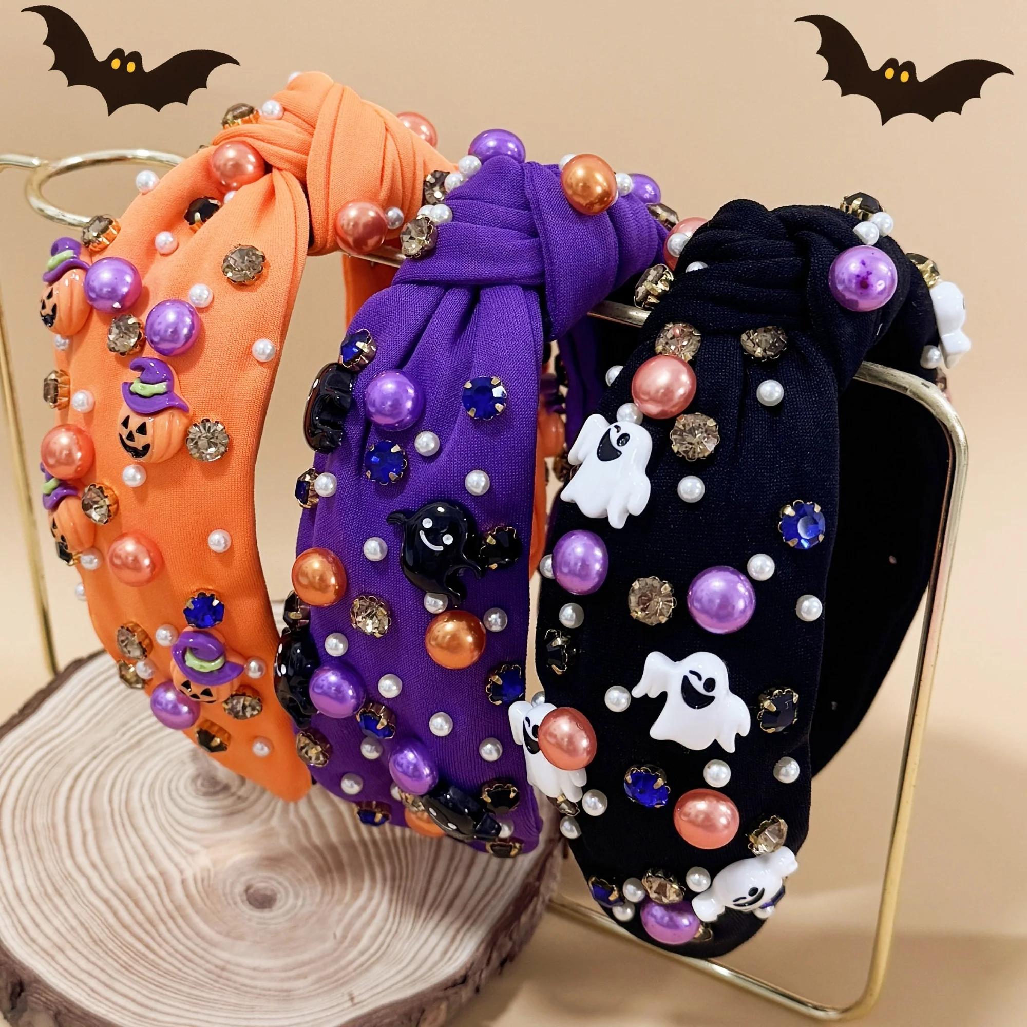 1PC Crystal Headbands for Women Girls Halloween Pearl Headband Party Demon Pumpkin Hairbands Children Kids Hair Accessories