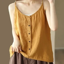 Office Lady Sleeveless Button Solid Color Pullover Round Neck Camisole T-shirt Women's Clothing Summer Casual Young Style Tops