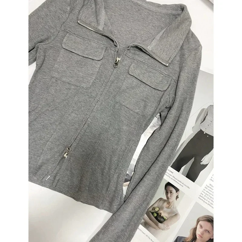 Gray Double Zipper Lapel Long Sleeves Shirt Women Spring and Autumn Design Sense  Slim Fit Slimming Inner Wear Bottoming...