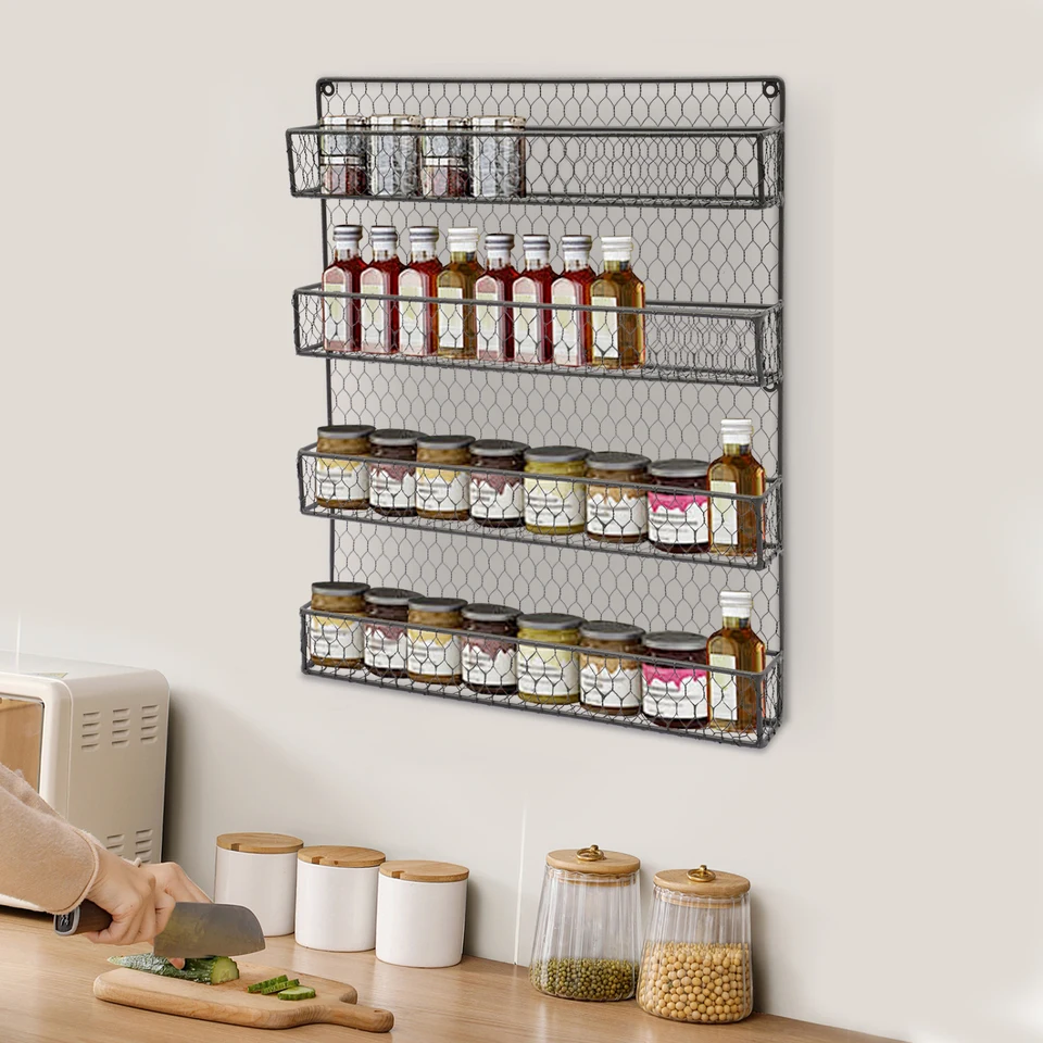 4 Tier Wall Mounted Spice Rack Organizer Black