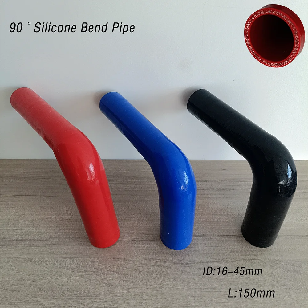 

90 ° silicone bend pipes in red, blue, and black, with complete specifications for high temperature, high pressure, and explosio