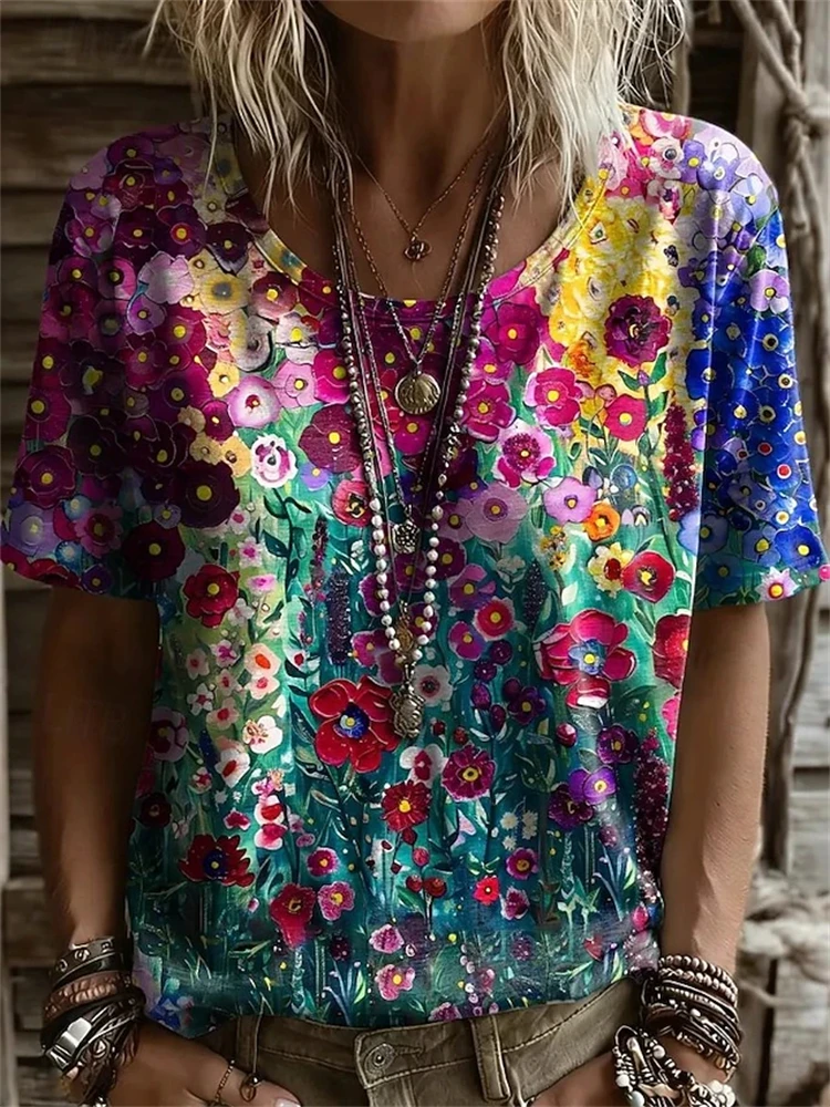 Women's Colorful Floral Print Crew-Neck T-Shirt Lightweight and Breathable Short-Sleeve Top Casual Women's Short-Sleeve Top