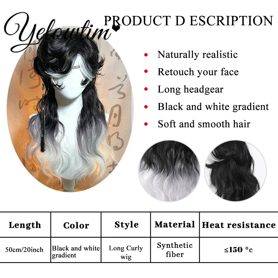 YELOWTIM Short Mullet Head Wigs with Bangs Synthetic Straight Anime Men Black White Gray Green Hair Wig for Daily Party Cosplay