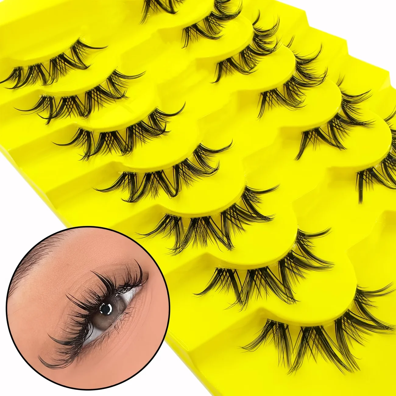 7 Pairs Fluffy Natural Mink-Look False Eyelashes with Transparent Stem and Crossed Strand Design