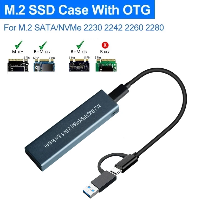 

Корпус M.2 NVME SSD-USB 3.1, двухпротокол M2 NVMe NGFF Box 10 Гбит/с для адаптера корпуса M2 NVMe PCIe SSD NGFF SATA HDD с OTG
