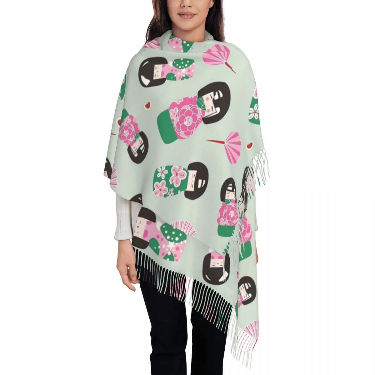 Womens Tassel Scarf Japanese Kokeshi Dolls Long Winter Fall Shawl Wrap Daily Wear Pashmina Scarves