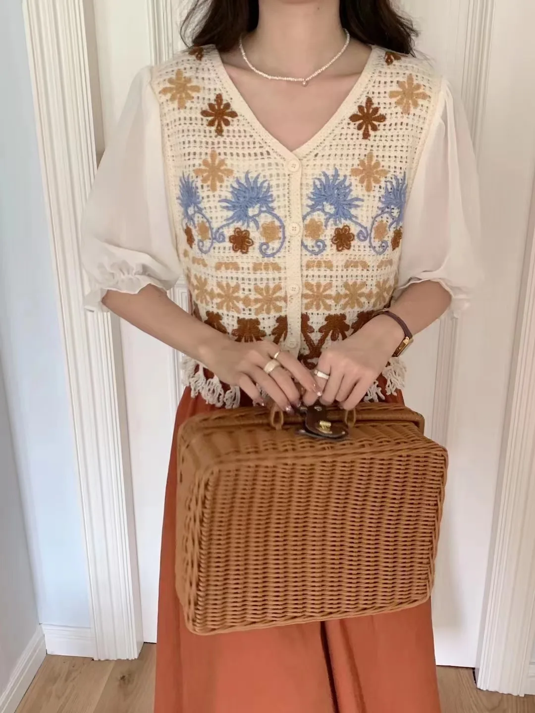 Women Crochet Knit Top with Chiffon Half Sleeve V-Neck Button Down Embroidery Floral Blouse Cardigan Summer Fairycore Outfit