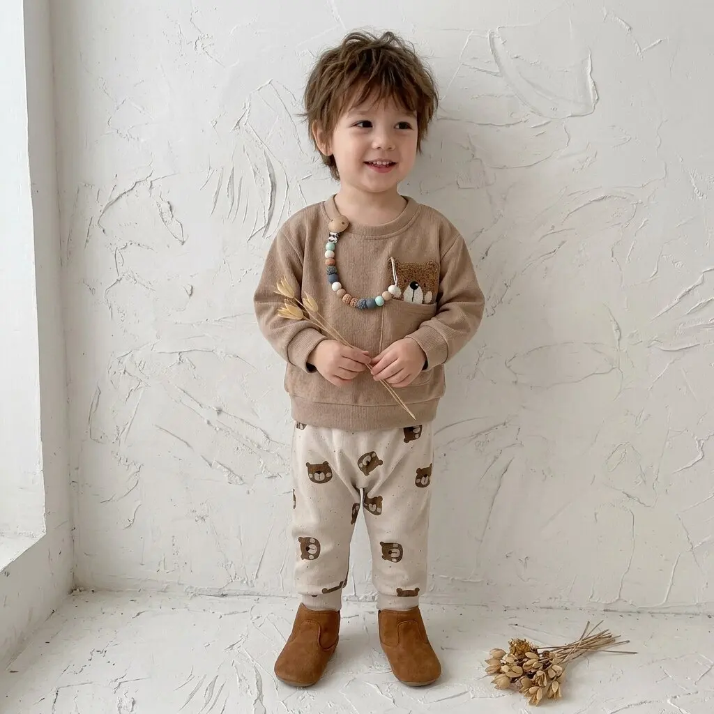 Unisex Baby Bear Pocket Outfit Set, Long Sleeve Waffle Sweatshirt + Bear Print Pants Soft Toddler Spring 2Pcs Clothes
