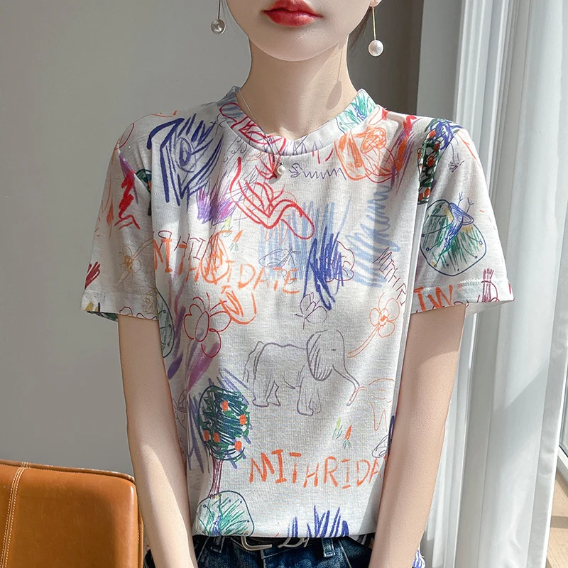 Spring And Summer New Round Neck Knitted Short Sleeve T-shirt Women\'s Printed Loose Bottoming Top