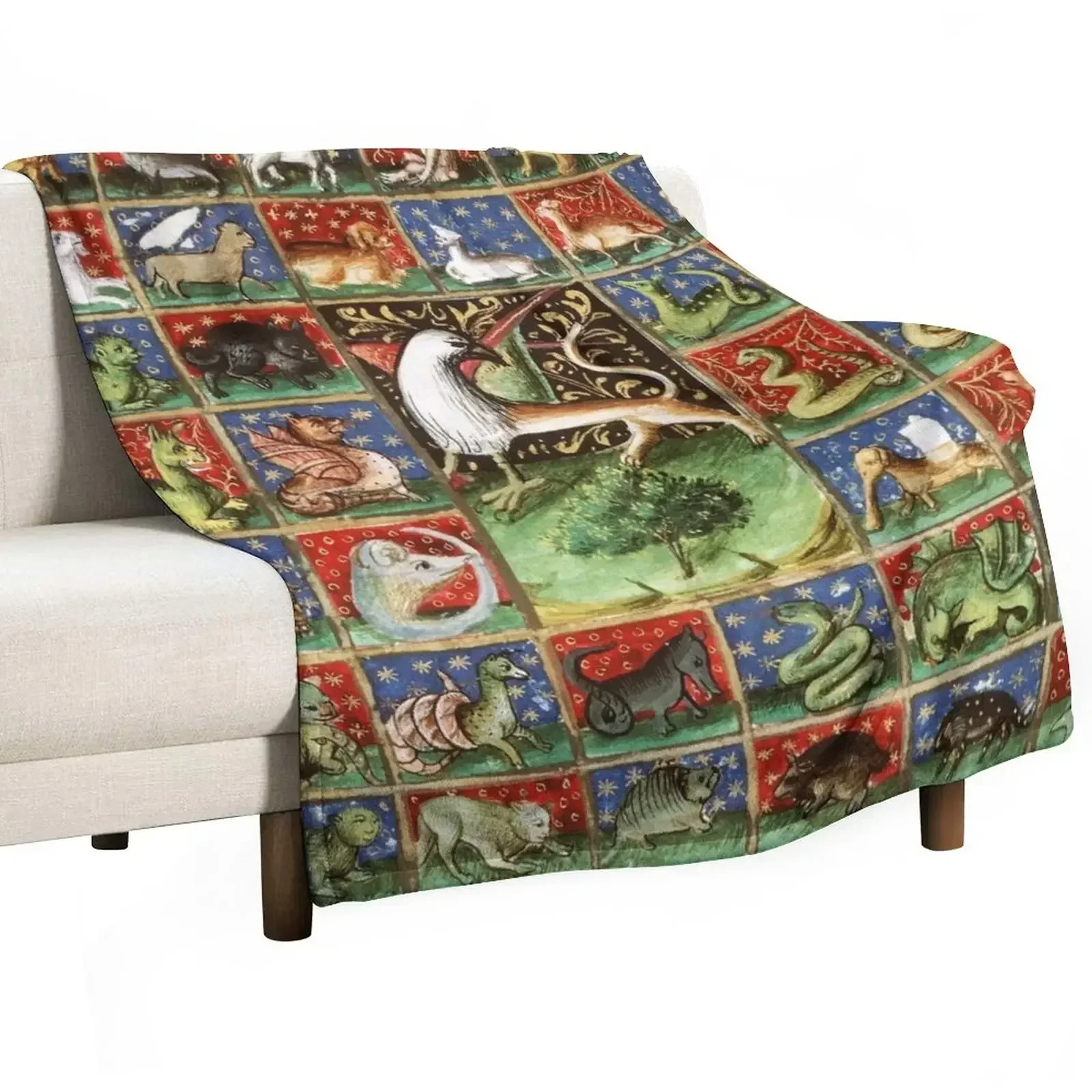 

MEDIEVAL BESTIARY Fantastic Animals in Red Blue Green Gold Hues Throw Blanket Decorative Sofas Soft Big Blankets