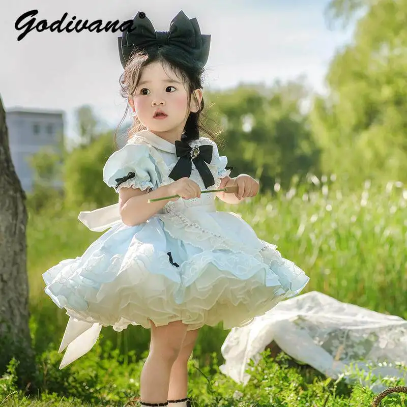 Sweet Baby Girls Princess Lolita Dress Kids 2026 New Summer Thin Lace Trim Embroidery Bow Puff Sleeve Pearls Mesh Tutu Dresses