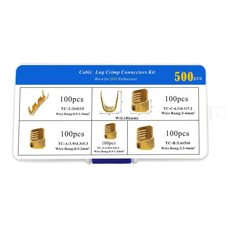 Golden Brass em forma de U cobre fivela, Quick Crimp Terminal Set, cobre paralelo Hoop, 5 especificações, 500pcs